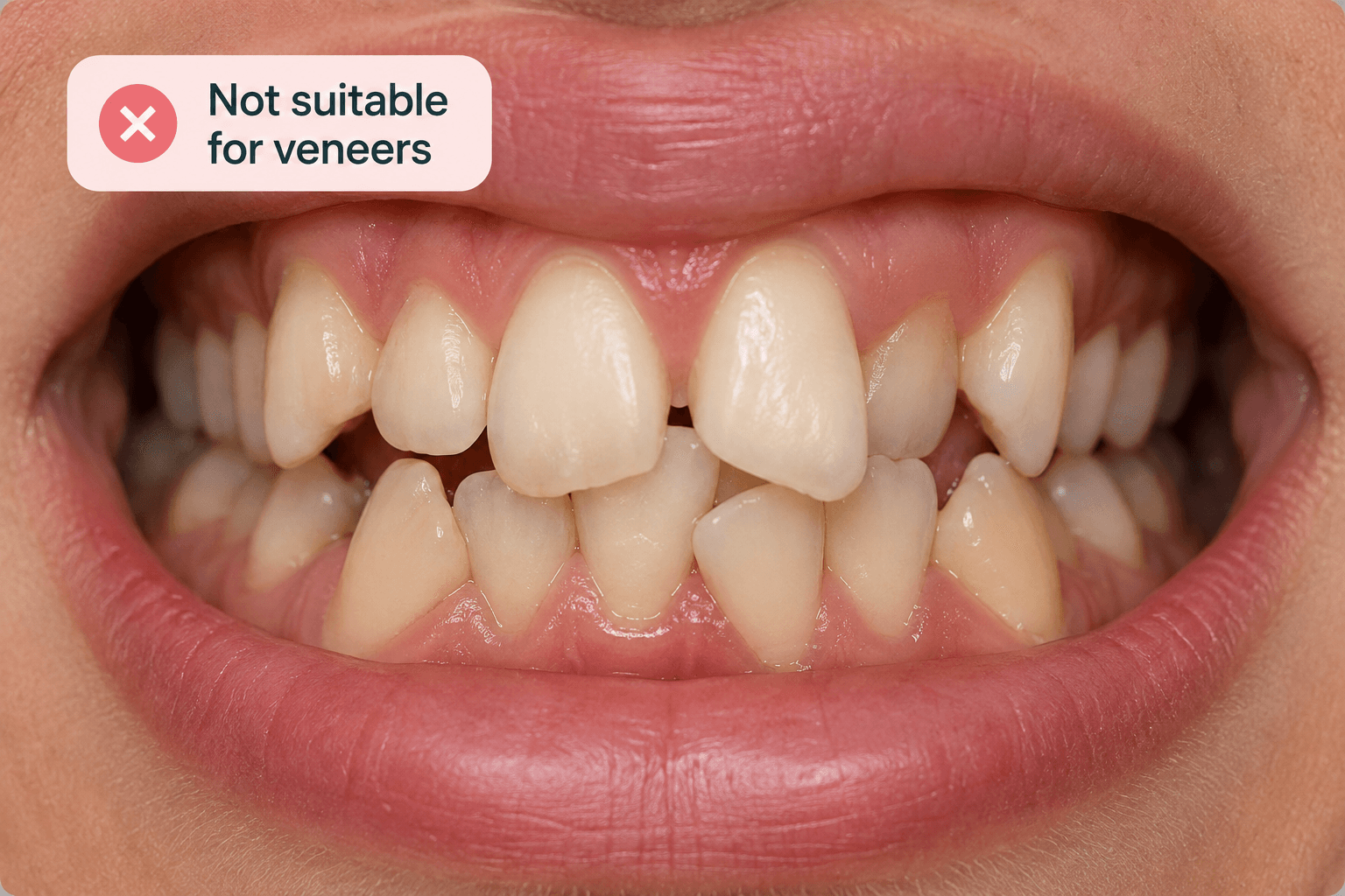Severely misaligned and overlapping teeth not suitable for veneers